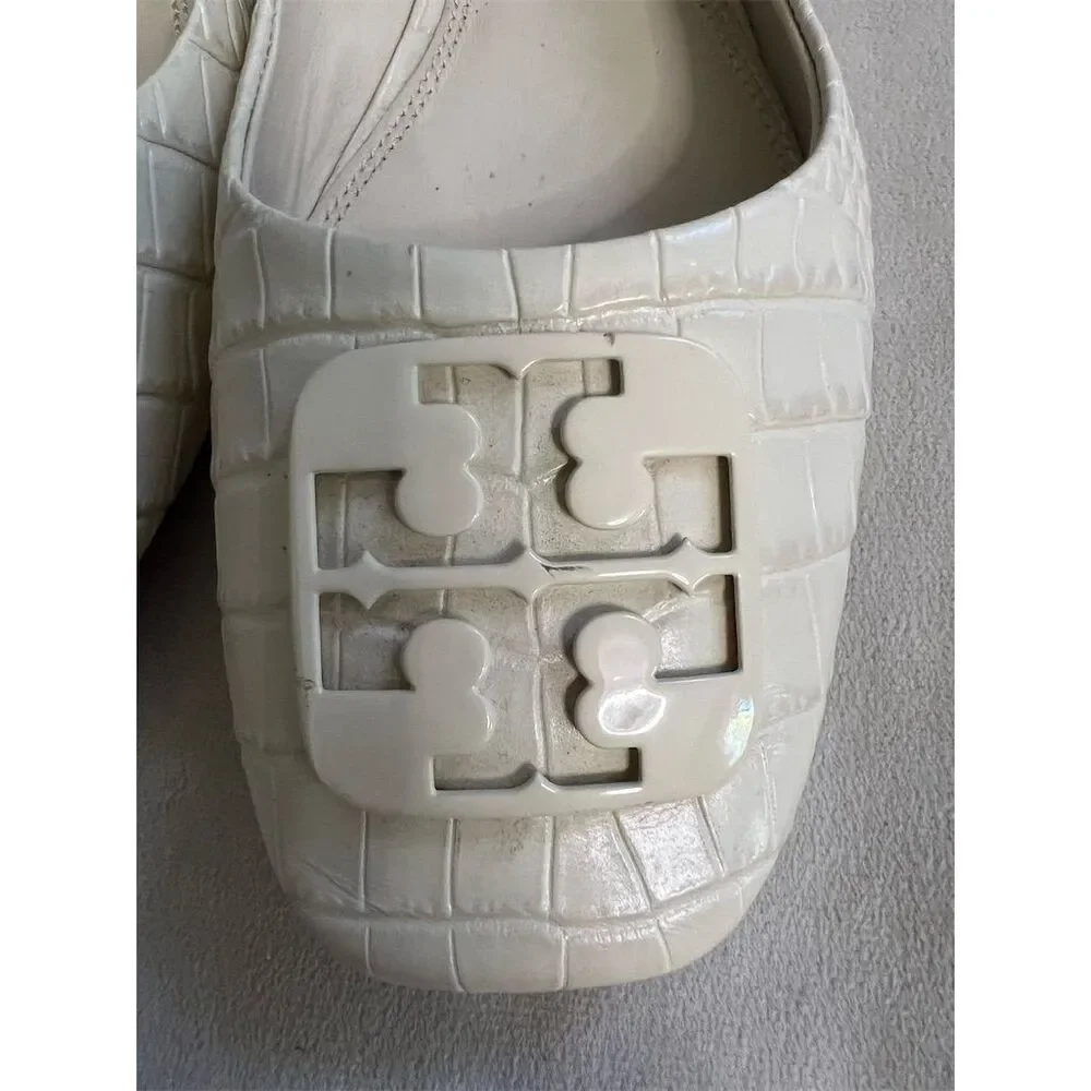 Tory Burch Women's Ballet Flats Size 9 Croc Ivory Square Toe Casual
